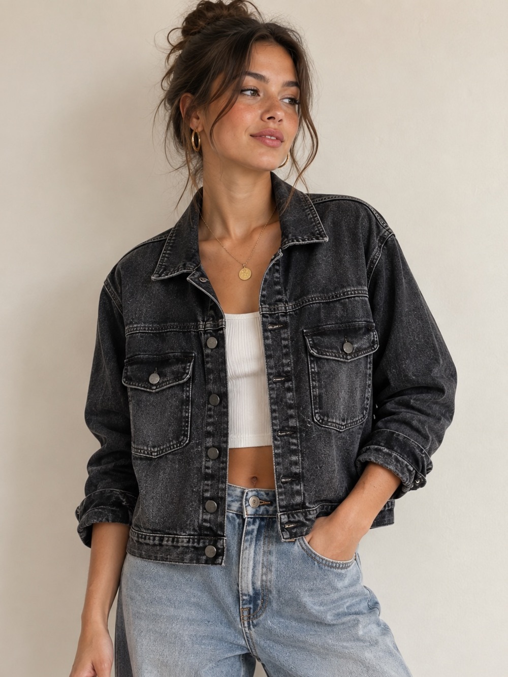 a.n.a Black Denim Jacket XS Vintage Wash Cropped Trucker Y2K Streetwear Layering